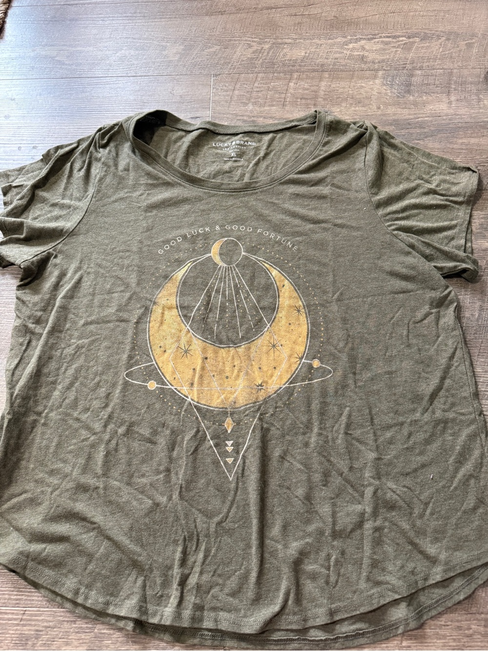 Lucky Brand Olive Tee with Gold Crescent Graphic